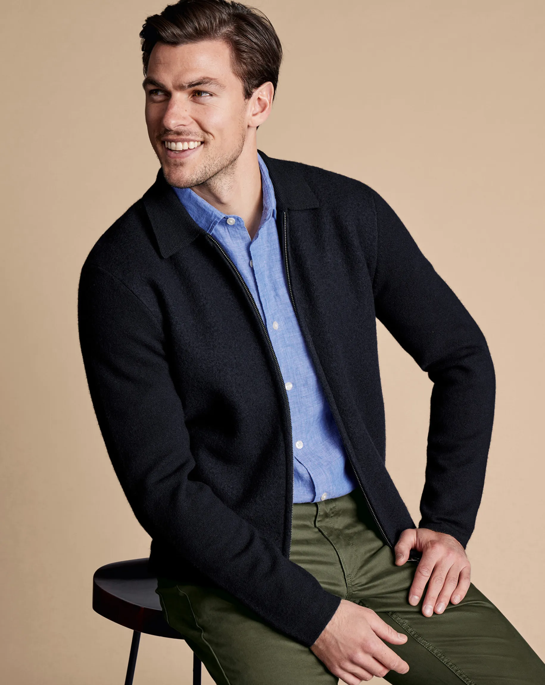 Blue Sweaters|Polo Neck Sweaters<Charles Tyrwhitt Brushed Wool & Milano Zip Through Jacket - Dark Navy