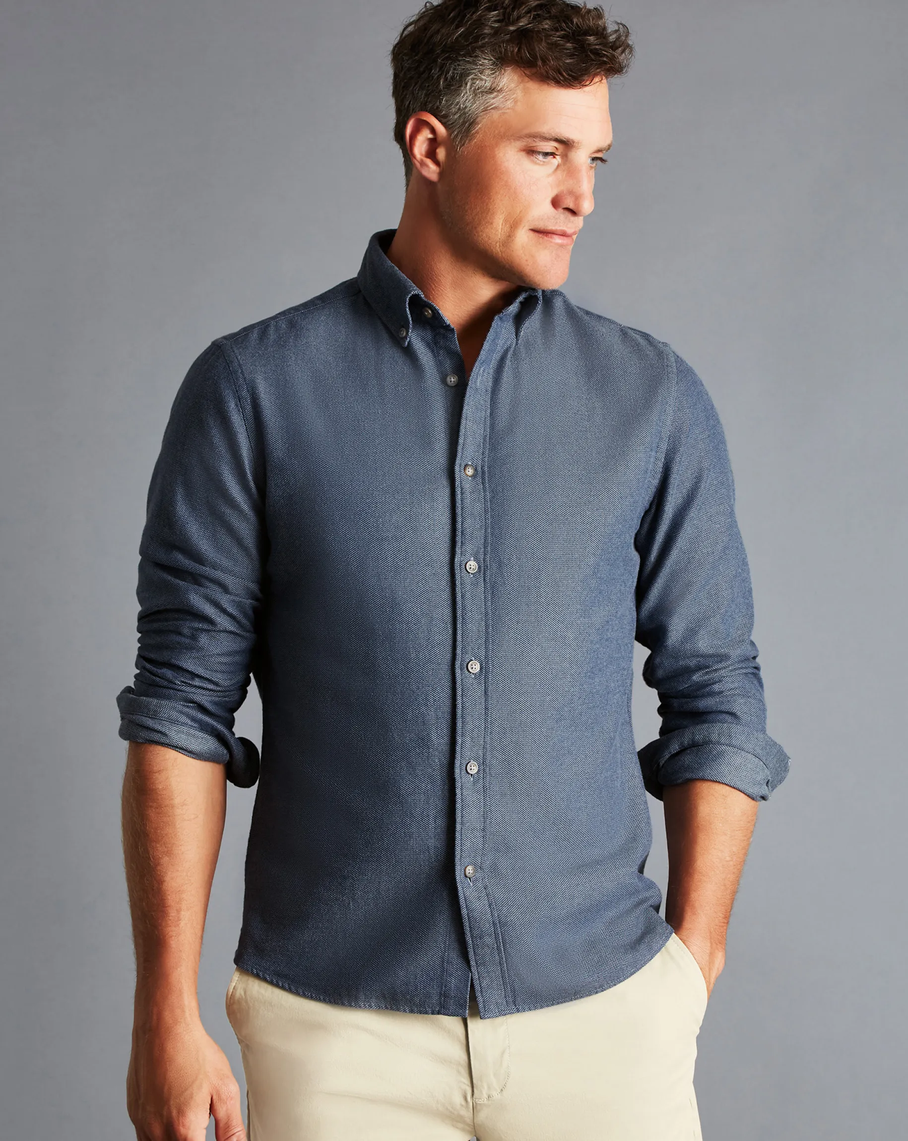 Shirt Sale|Casual Shirts<Charles Tyrwhitt Button-Down Collar Arrow Dobby Brushed Flannel Shirt - Steel Blue