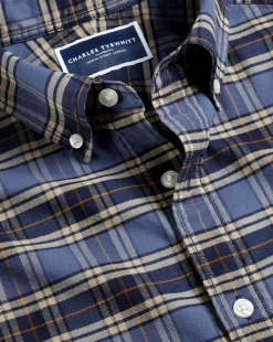 Casual Shirts|Check Shirts<Charles Tyrwhitt Button-Down Collar Brushed Washed Oxford Overcheck Shirt - Blue Indigo