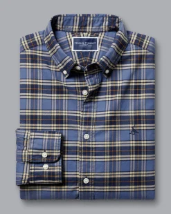 Casual Shirts|Check Shirts<Charles Tyrwhitt Button-Down Collar Brushed Washed Oxford Overcheck Shirt - Blue Indigo