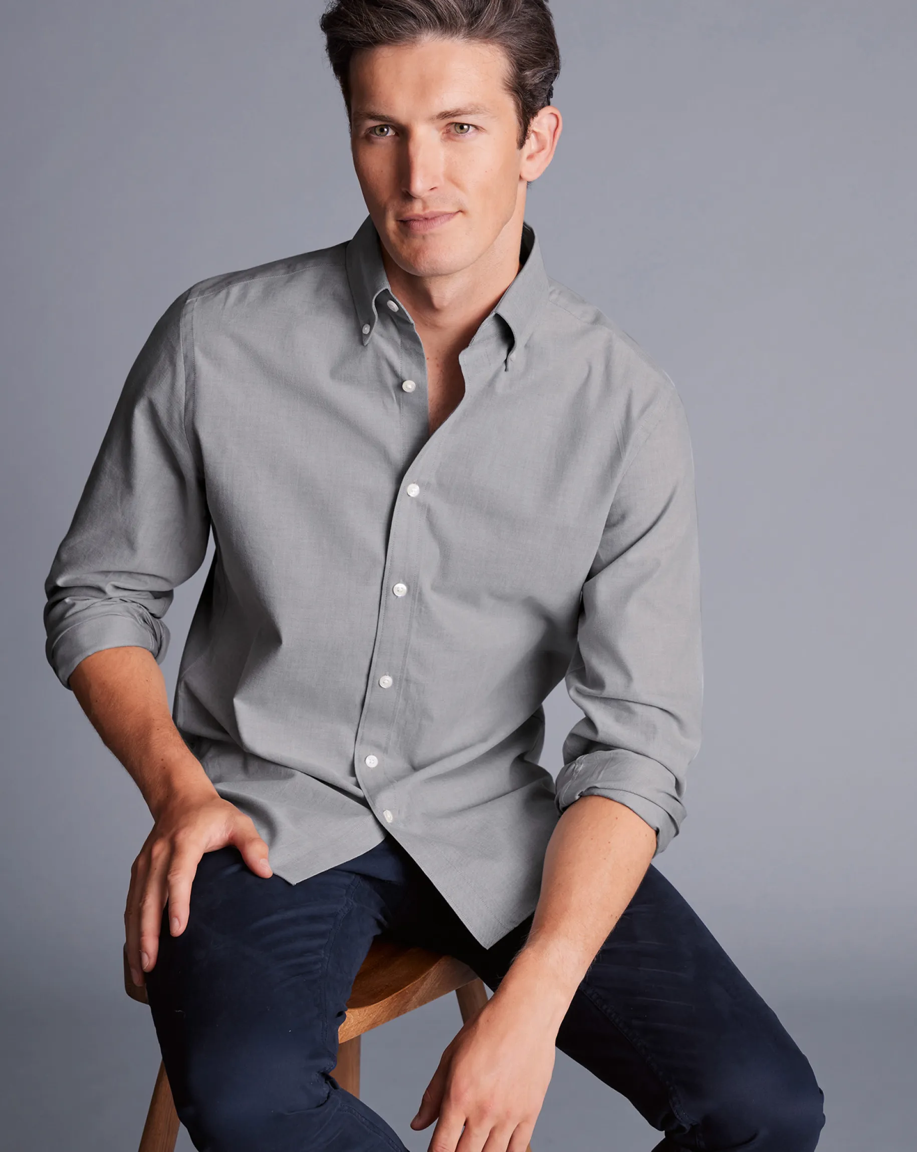 Shirt Sale|Casual Shirts<Charles Tyrwhitt Button-Down Collar Brushed Cotton Twill Shirt - Light Grey Charcoal