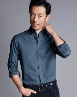 Casual Shirts|17"<Charles Tyrwhitt Button-Down Collar Brushed Cotton Twill Shirt - Petrol Blue