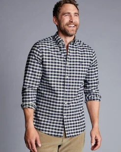 Casual Shirts|Check Shirts<Charles Tyrwhitt Button-Down Collar Brushed Washed Oxford Grid Check Shirt - Navy