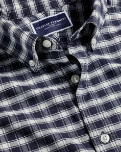 Casual Shirts|Check Shirts<Charles Tyrwhitt Button-Down Collar Brushed Washed Oxford Grid Check Shirt - Navy