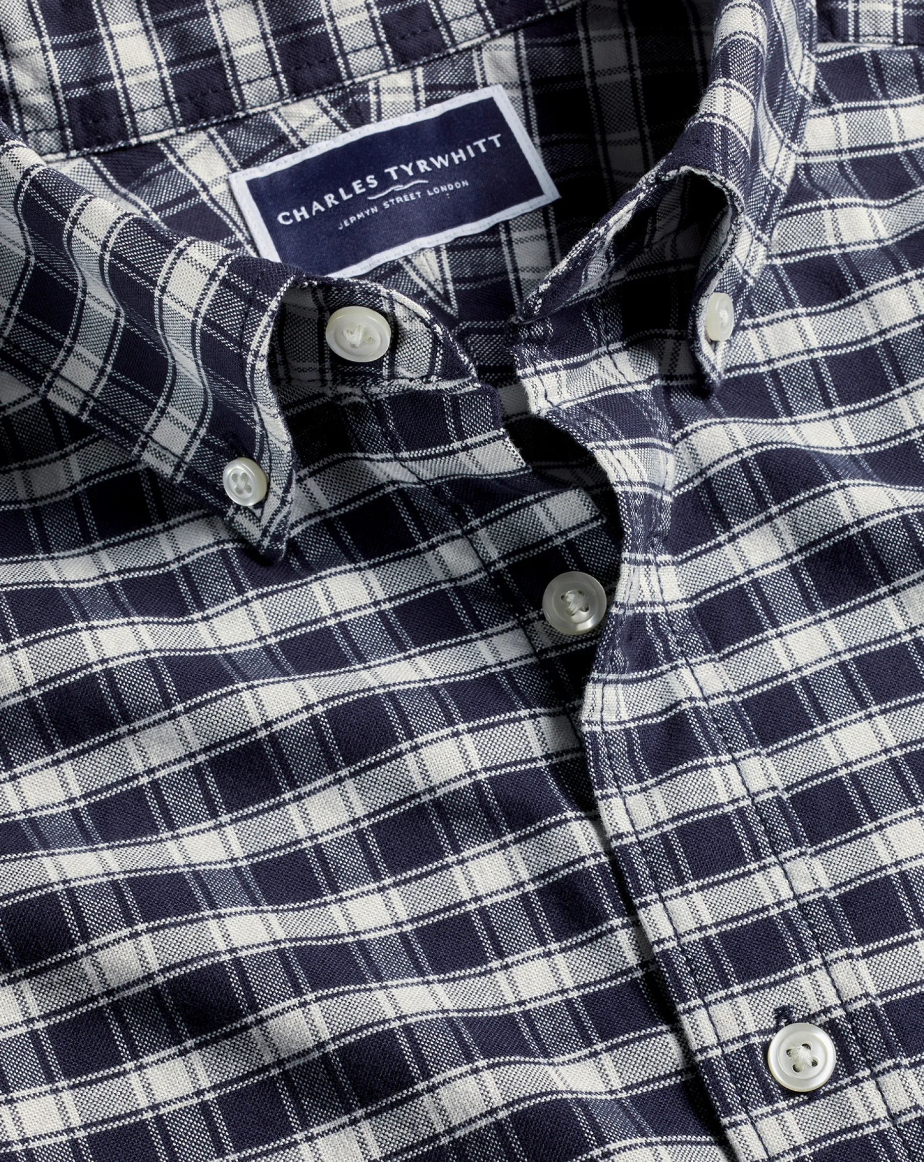 Casual Shirts|Check Shirts<Charles Tyrwhitt Button-Down Collar Brushed Washed Oxford Grid Check Shirt - Navy
