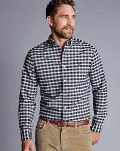 Casual Shirts|Check Shirts<Charles Tyrwhitt Button-Down Collar Brushed Washed Oxford Grid Check Shirt - Navy