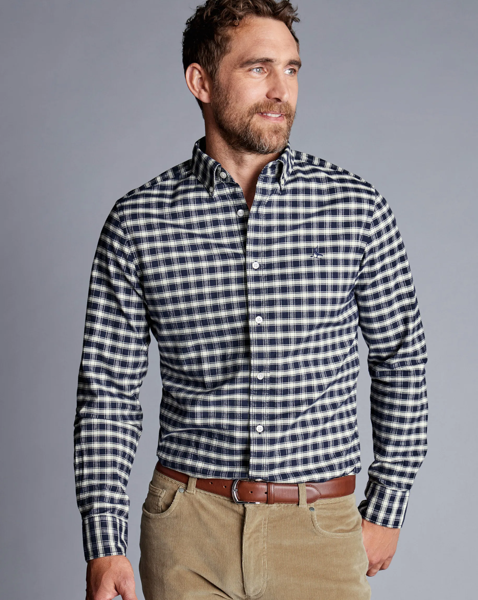 Casual Shirts|Check Shirts<Charles Tyrwhitt Button-Down Collar Brushed Washed Oxford Grid Check Shirt - Navy
