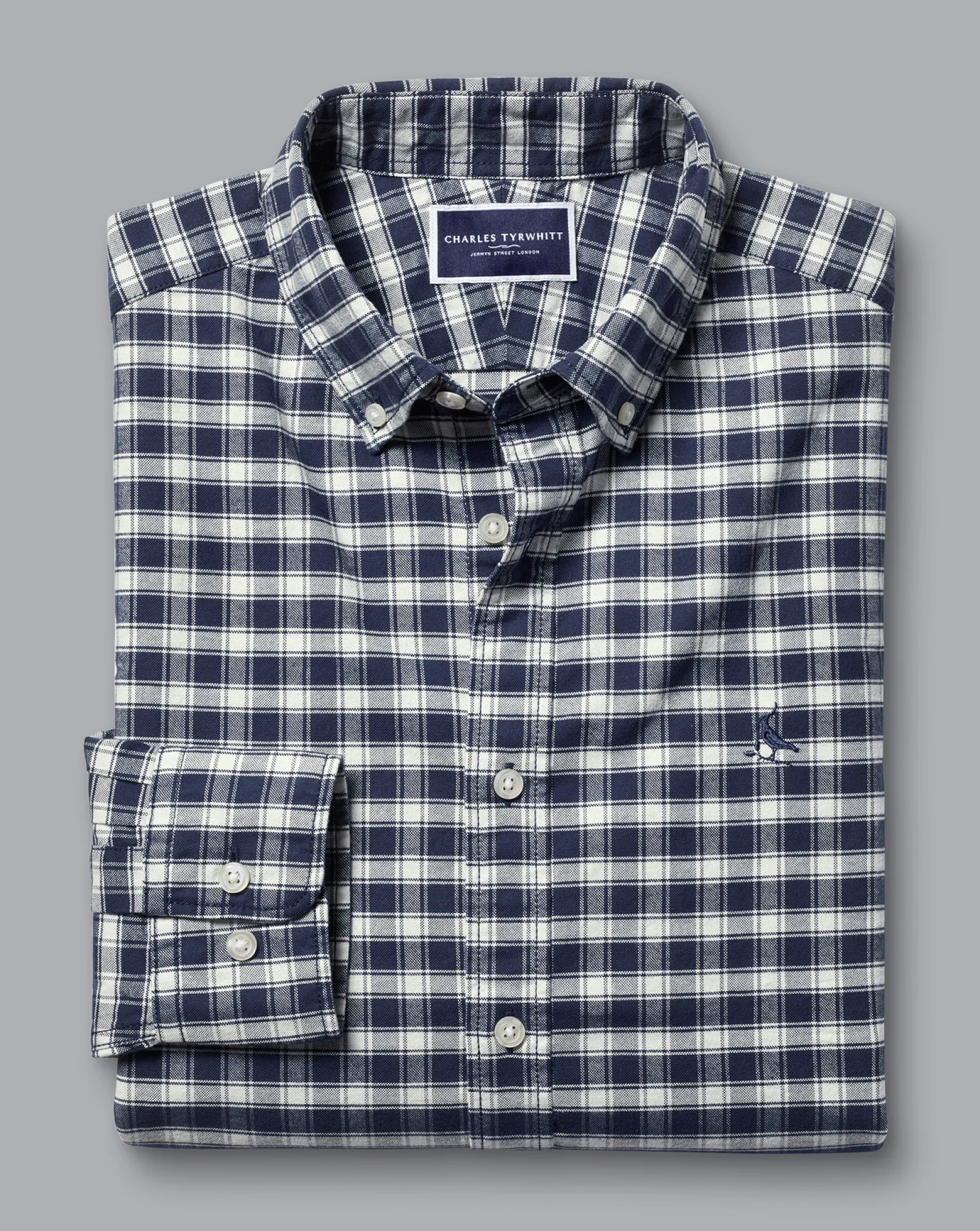 Casual Shirts|Check Shirts<Charles Tyrwhitt Button-Down Collar Brushed Washed Oxford Grid Check Shirt - Navy