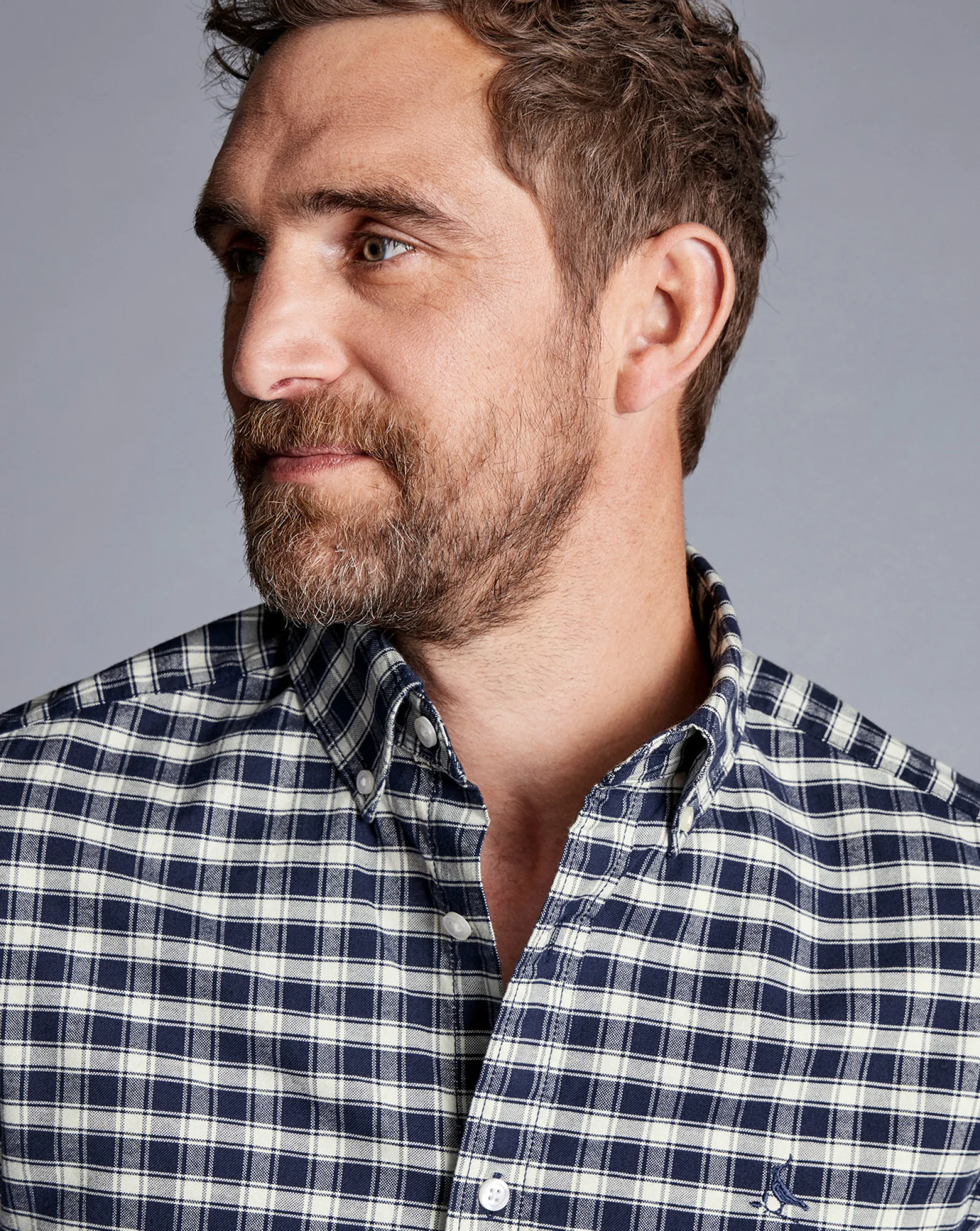 Casual Shirts|Check Shirts<Charles Tyrwhitt Button-Down Collar Brushed Washed Oxford Grid Check Shirt - Navy