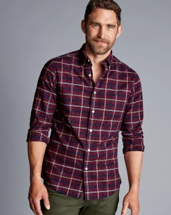 Casual Shirts|Check Shirts<Charles Tyrwhitt Button-Down Collar Brushed Washed Oxford Check Shirt - Dark Red
