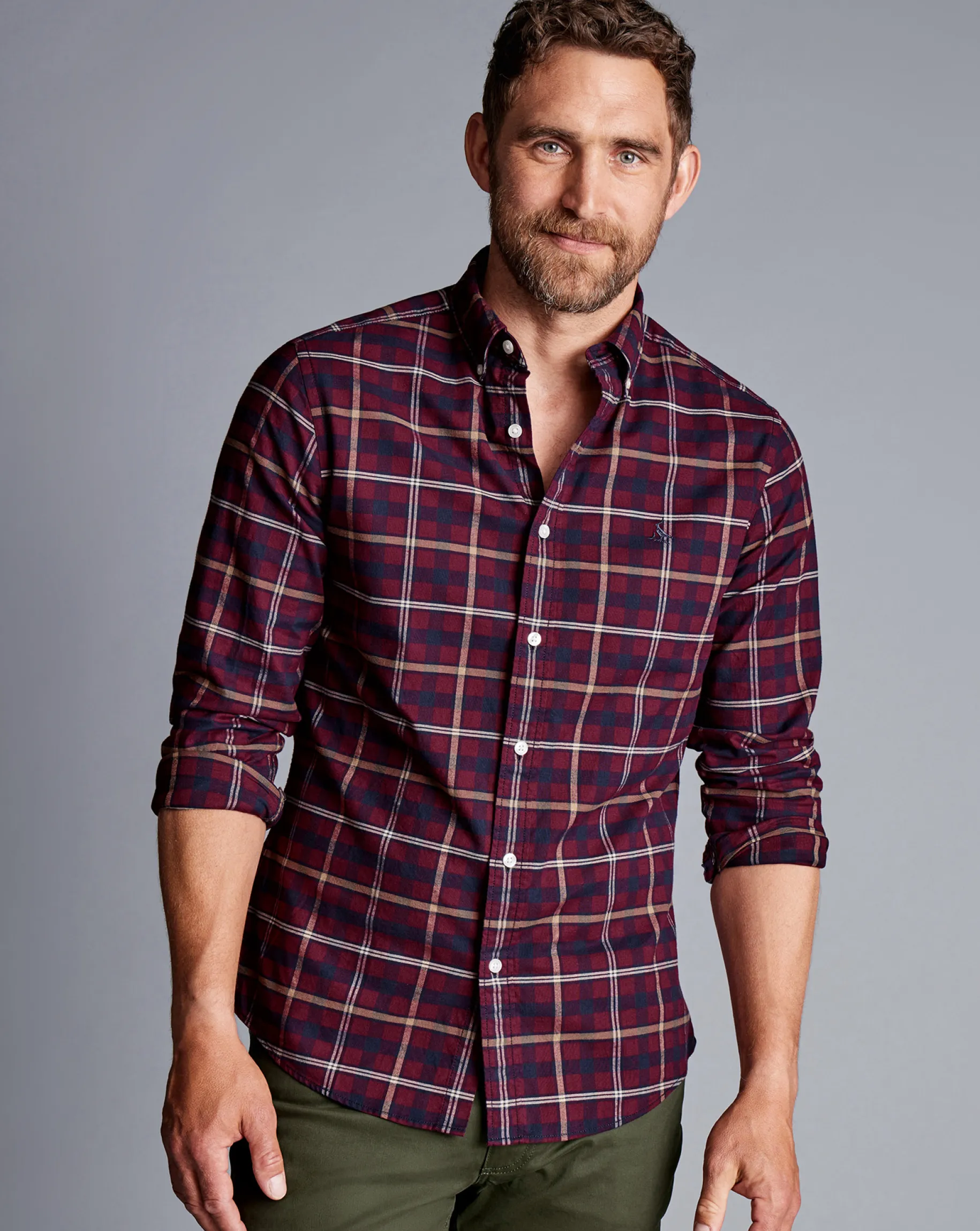 Casual Shirts|Check Shirts<Charles Tyrwhitt Button-Down Collar Brushed Washed Oxford Check Shirt - Dark Red