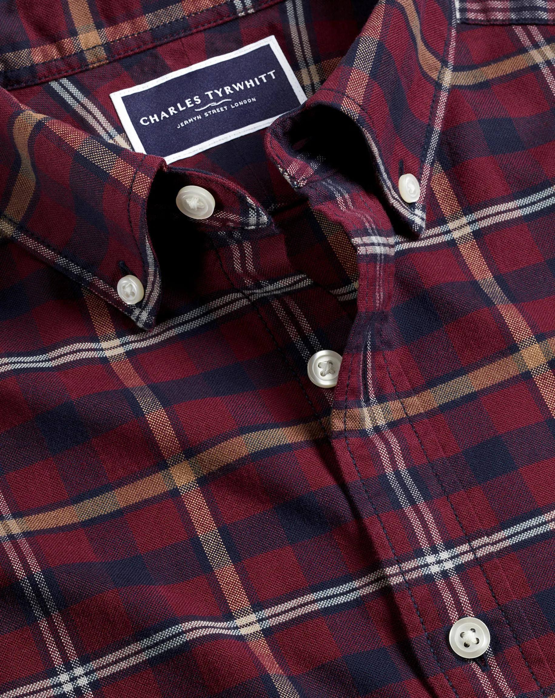 Casual Shirts|Check Shirts<Charles Tyrwhitt Button-Down Collar Brushed Washed Oxford Check Shirt - Dark Red