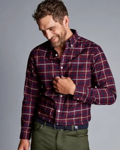 Casual Shirts|Check Shirts<Charles Tyrwhitt Button-Down Collar Brushed Washed Oxford Check Shirt - Dark Red