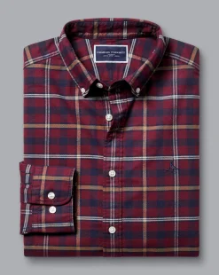 Casual Shirts|Check Shirts<Charles Tyrwhitt Button-Down Collar Brushed Washed Oxford Check Shirt - Dark Red