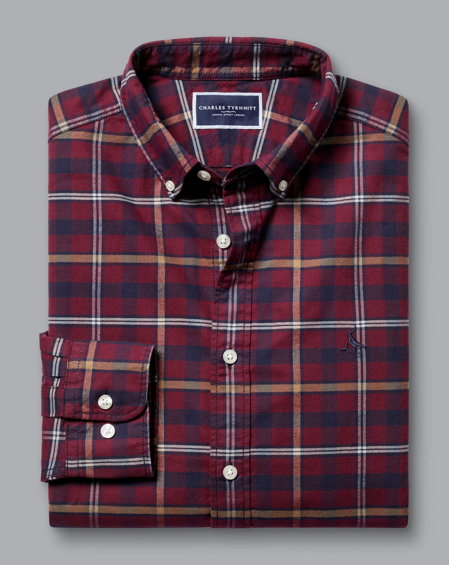 Casual Shirts|Check Shirts<Charles Tyrwhitt Button-Down Collar Brushed Washed Oxford Check Shirt - Dark Red