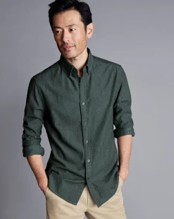 Casual Shirts|Flannel Shirts<Charles Tyrwhitt Button-Down Collar Dobby Flannel Shirt - Dark Green