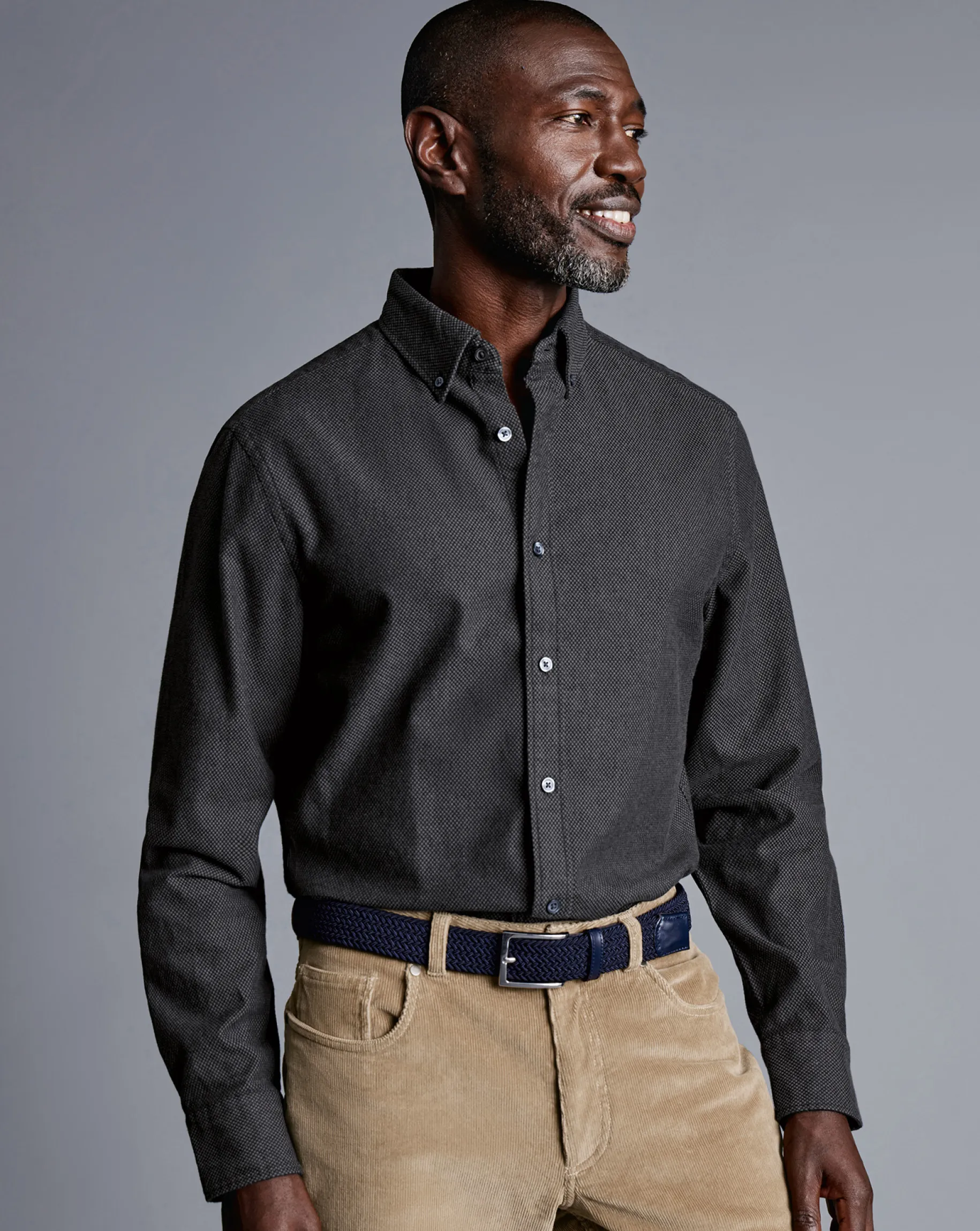Flannel Shirts|Casual Shirts<Charles Tyrwhitt Button-Down Collar Dobby Flannel Shirt - Grey Charcoal