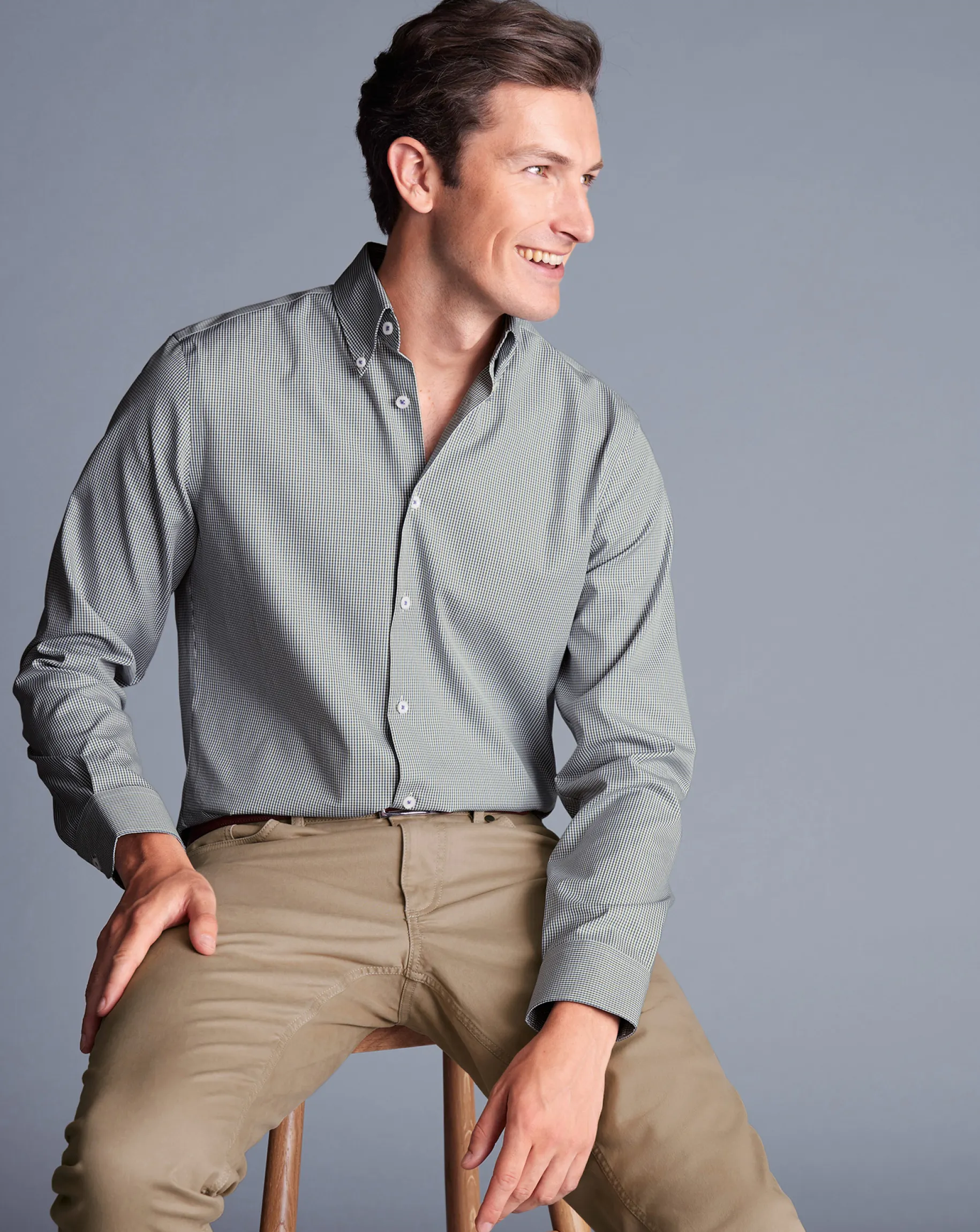 Shirt Sale|Dress Shirts<Charles Tyrwhitt Button-Down Collar Non-Iron Gingham Check Shirt - Green Olive