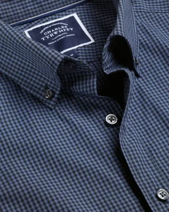 Business Casual Shirts|Casual Shirts<Charles Tyrwhitt Button-Down Collar Non-Iron Stretch Poplin Mini Gingham Shirt - Blue Indigo