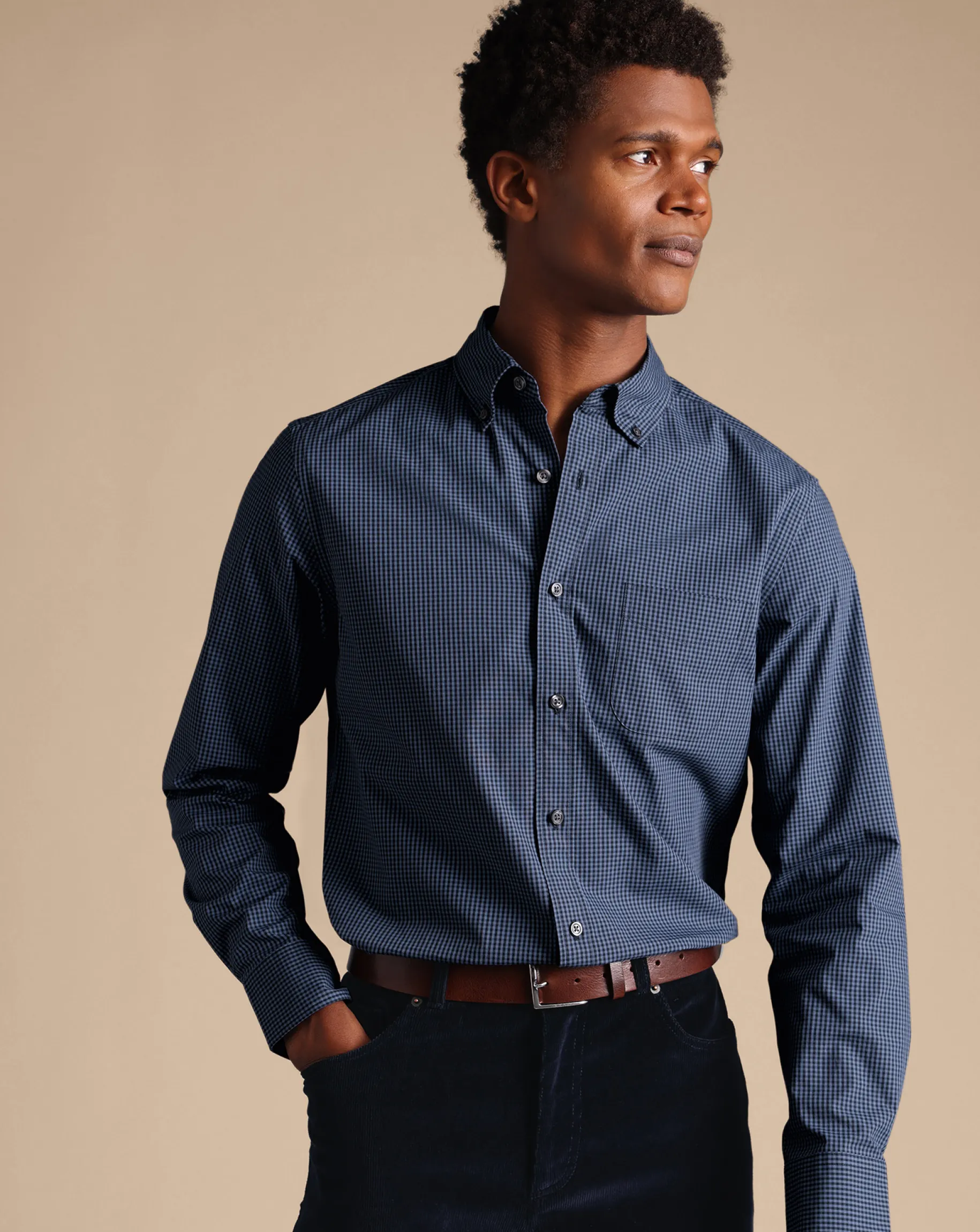 Business Casual Shirts|Casual Shirts<Charles Tyrwhitt Button-Down Collar Non-Iron Stretch Poplin Mini Gingham Shirt - Blue Indigo