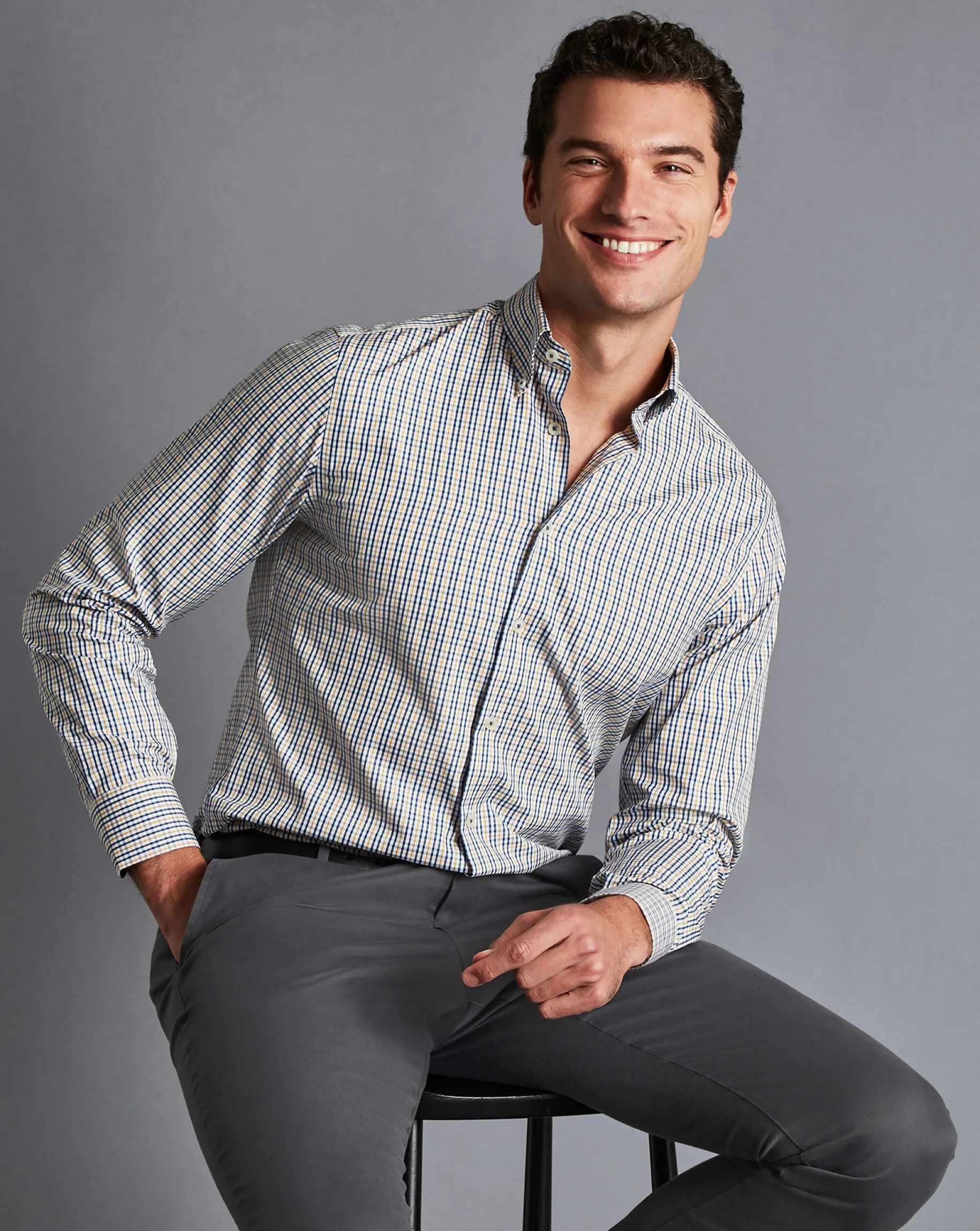 Shirt Sale|Dress Shirts<Charles Tyrwhitt Button-Down Collar Non-Iron Oxford Multi Check Shirt - Mustard Yellow