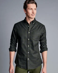 Shirt Sale|Casual Shirts<Charles Tyrwhitt Button-Down Collar Non-Iron Twill Gingham Shirt - Green Olive