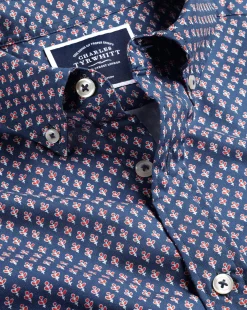 Casual Shirts|S<Charles Tyrwhitt Button-Down Collar Non-Iron Stretch Poplin Leaf Print Short Sleeve Shirt - Blue Royal