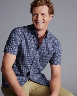 Casual Shirts|S<Charles Tyrwhitt Button-Down Collar Non-Iron Stretch Poplin Leaf Print Short Sleeve Shirt - Blue Royal