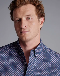 Casual Shirts|S<Charles Tyrwhitt Button-Down Collar Non-Iron Stretch Poplin Leaf Print Short Sleeve Shirt - Blue Royal
