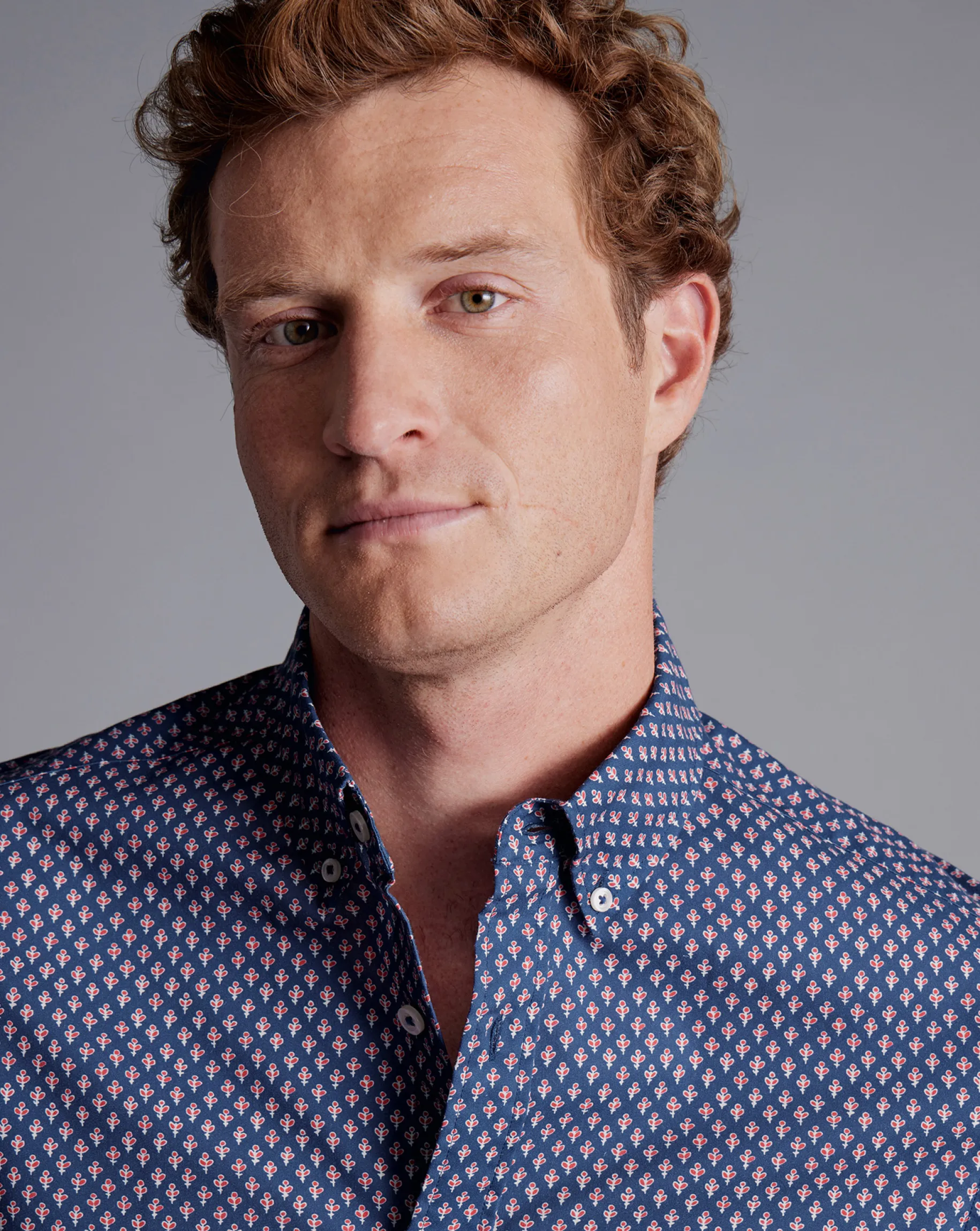 Casual Shirts|S<Charles Tyrwhitt Button-Down Collar Non-Iron Stretch Poplin Leaf Print Short Sleeve Shirt - Blue Royal