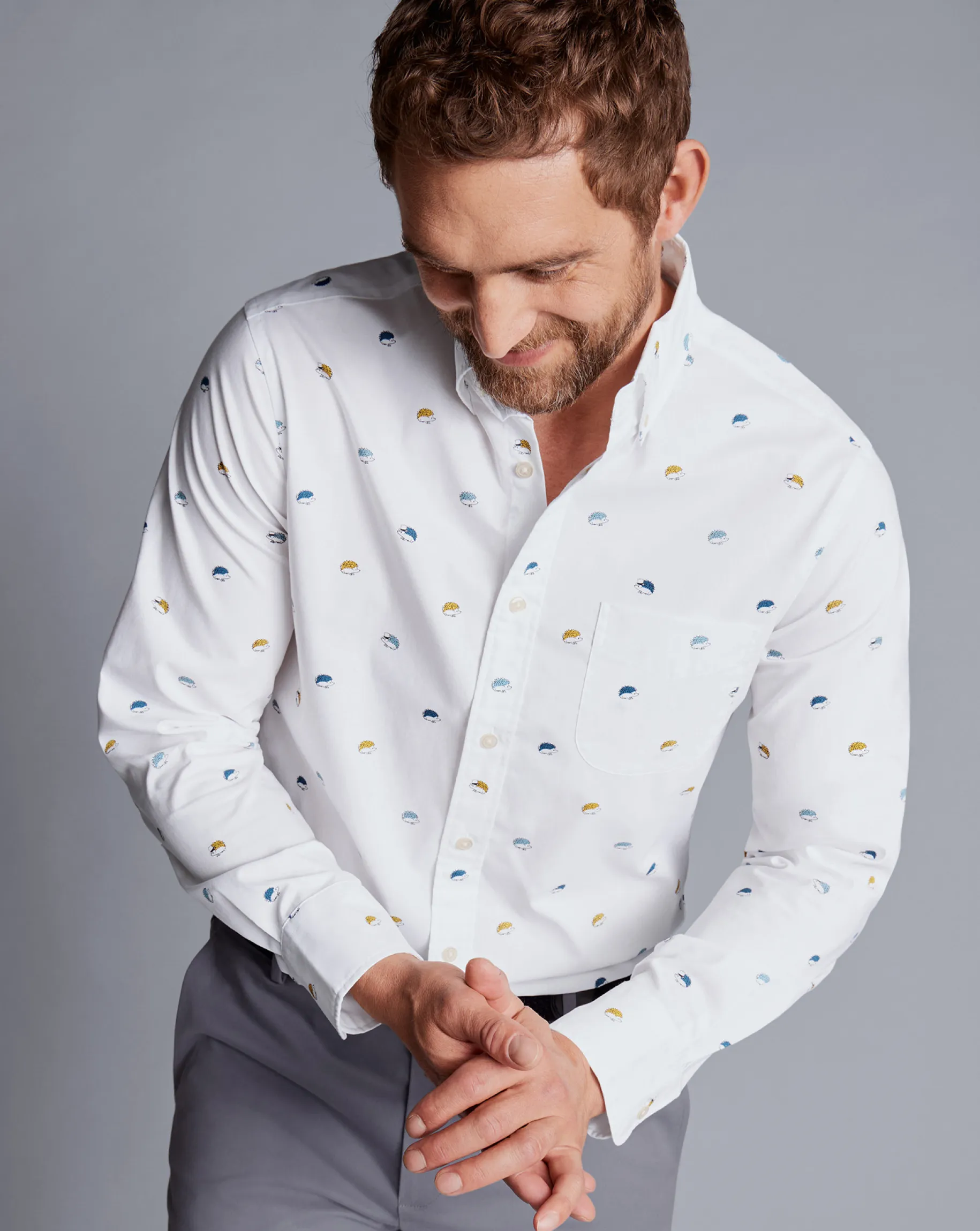 Casual Shirts|M<Charles Tyrwhitt Button-Down Collar Non-Iron Hedgehog Print Shirt - Multi Multicoloured