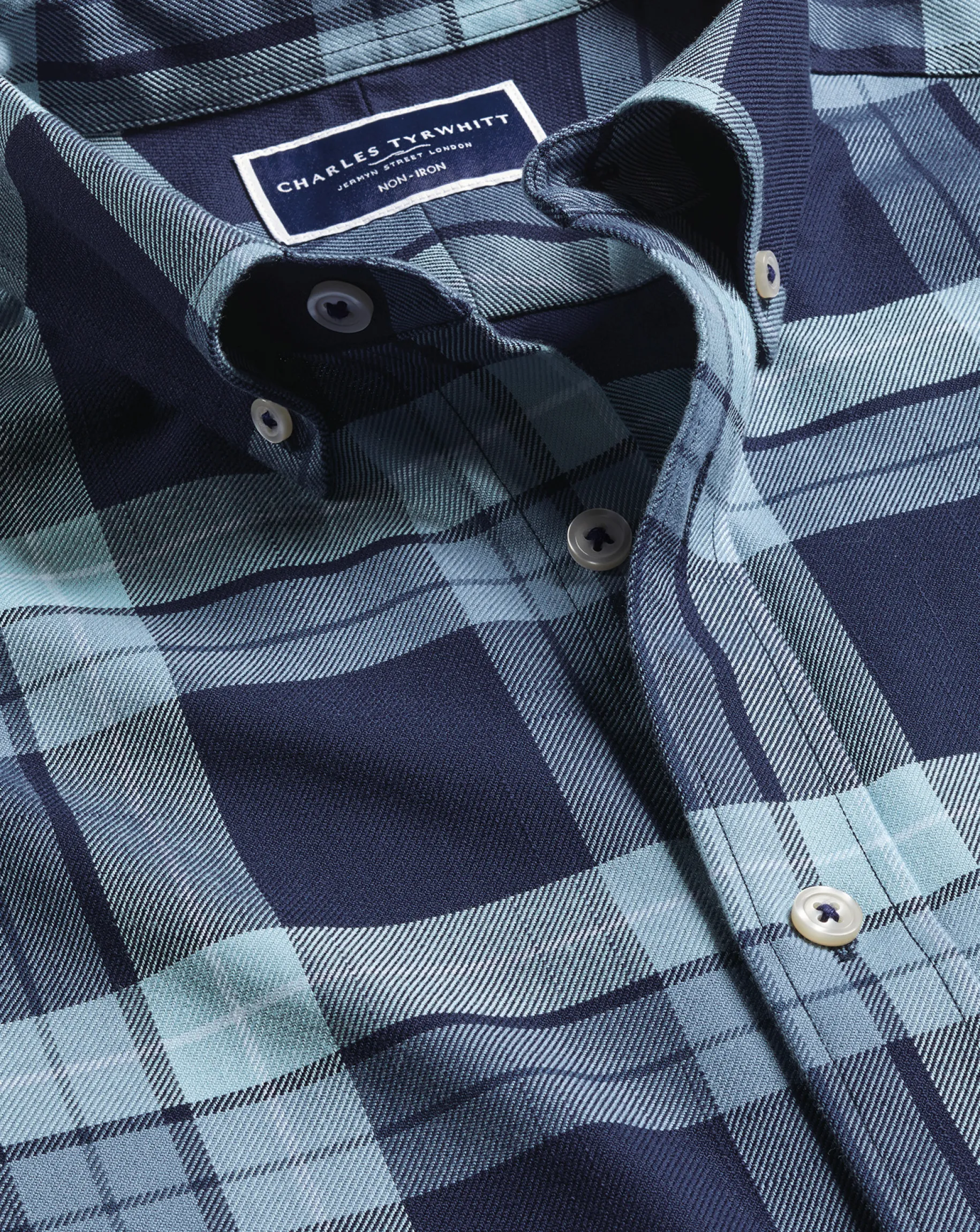 Casual Shirts|Check Shirts<Charles Tyrwhitt Button-Down Collar Non-Iron Twill Large Check Shirt - Denim Blue