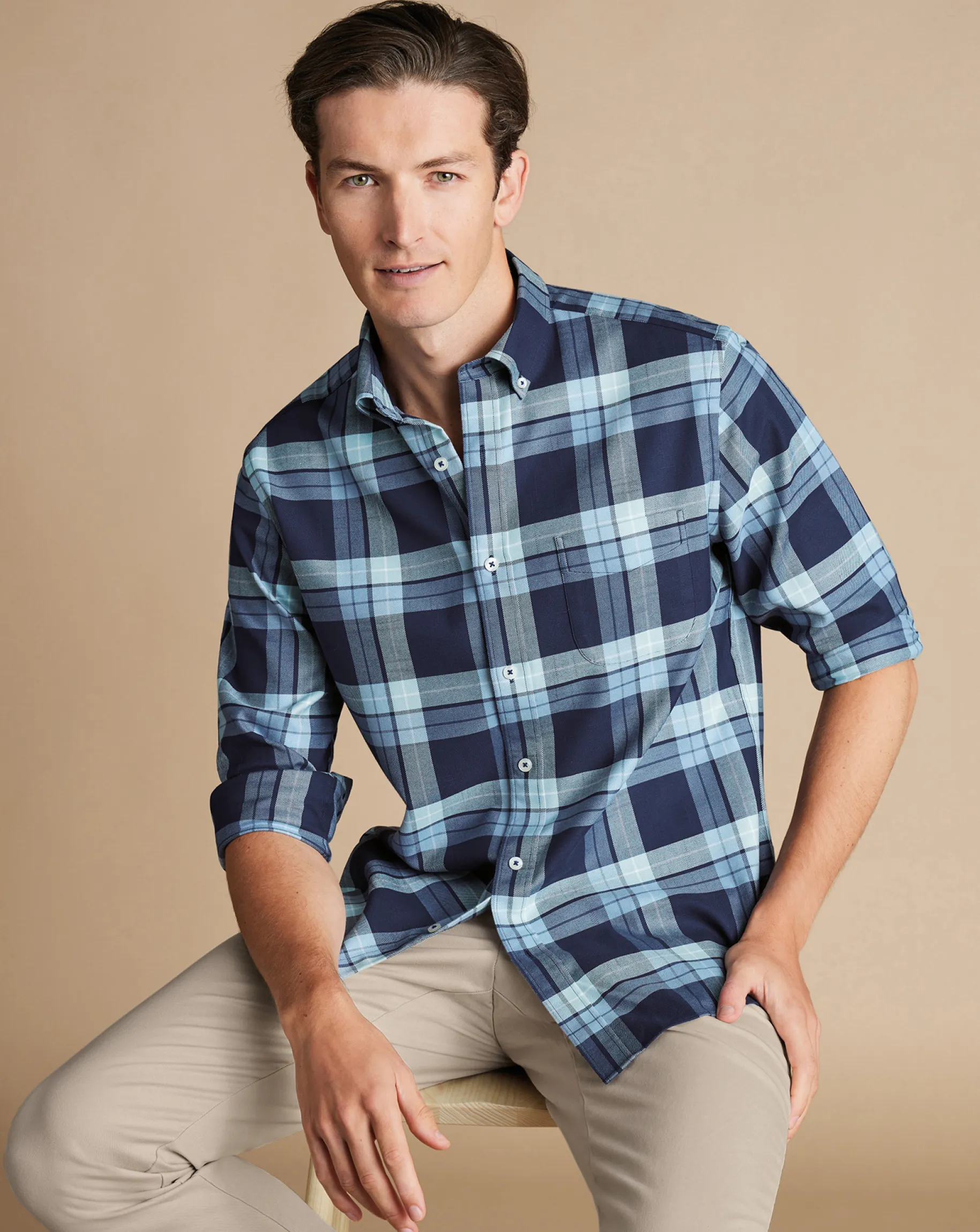Casual Shirts|Check Shirts<Charles Tyrwhitt Button-Down Collar Non-Iron Twill Large Check Shirt - Denim Blue