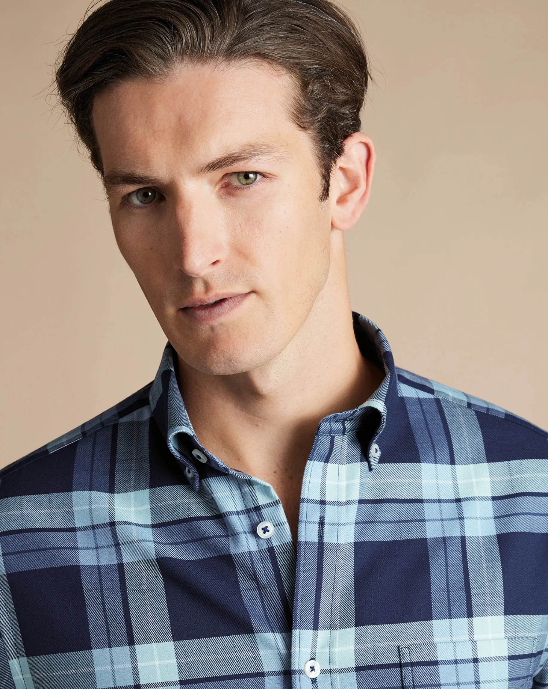 Casual Shirts|Check Shirts<Charles Tyrwhitt Button-Down Collar Non-Iron Twill Large Check Shirt - Denim Blue