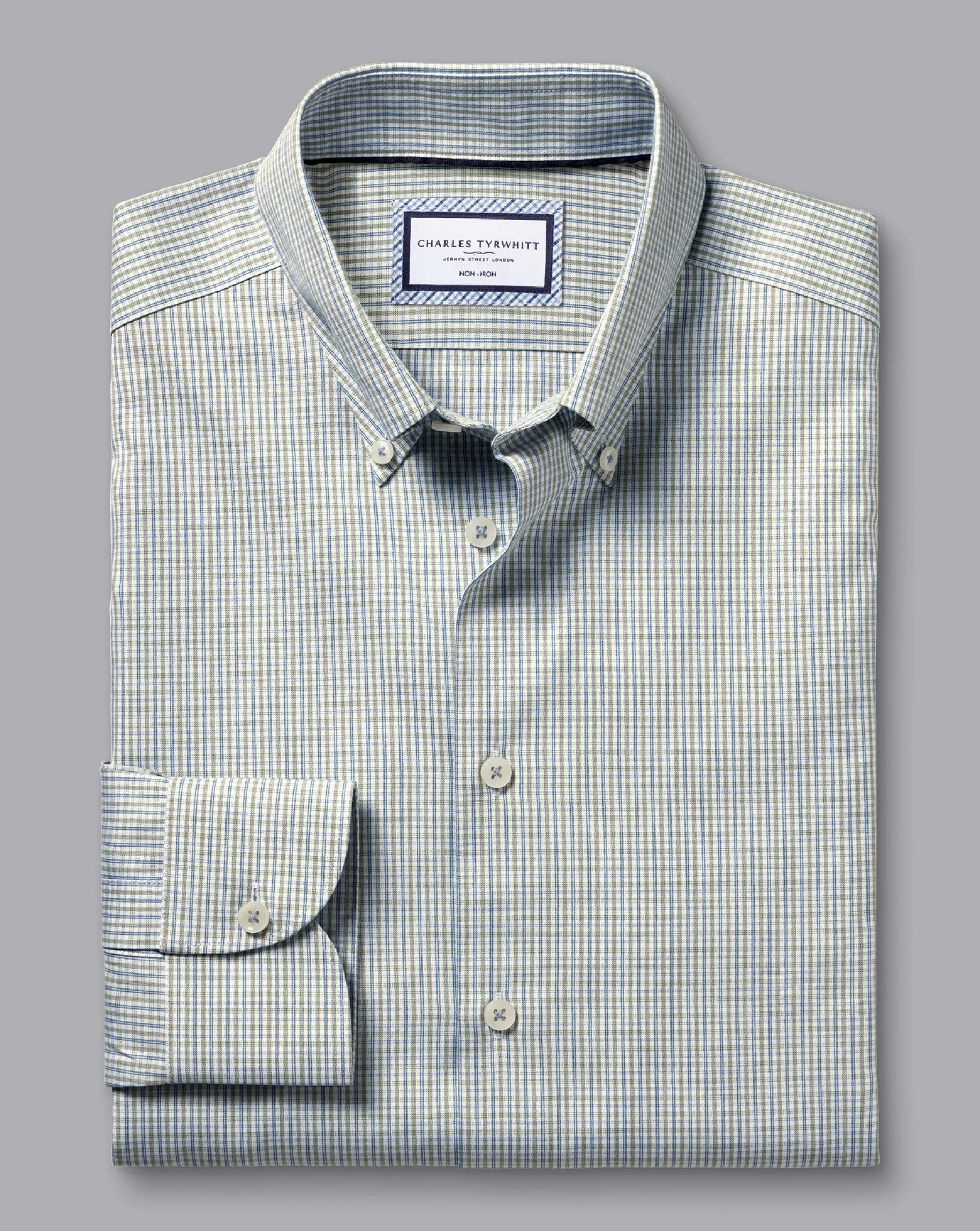 Shirt Sale|Casual Shirts<Charles Tyrwhitt Button-Down Collar Non-Iron Oxford Twin Check Shirt - Green Olive