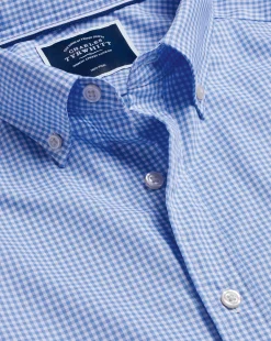 Short Sleeve Shirts|Business Casual Shirts<Charles Tyrwhitt Button-Down Collar Non-Iron Stretch Mini Gingham Short Sleeve Shirt - Ocean Blue