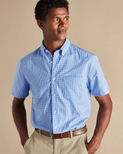 Short Sleeve Shirts|Business Casual Shirts<Charles Tyrwhitt Button-Down Collar Non-Iron Stretch Mini Gingham Short Sleeve Shirt - Ocean Blue