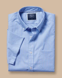 Short Sleeve Shirts|Business Casual Shirts<Charles Tyrwhitt Button-Down Collar Non-Iron Stretch Mini Gingham Short Sleeve Shirt - Ocean Blue