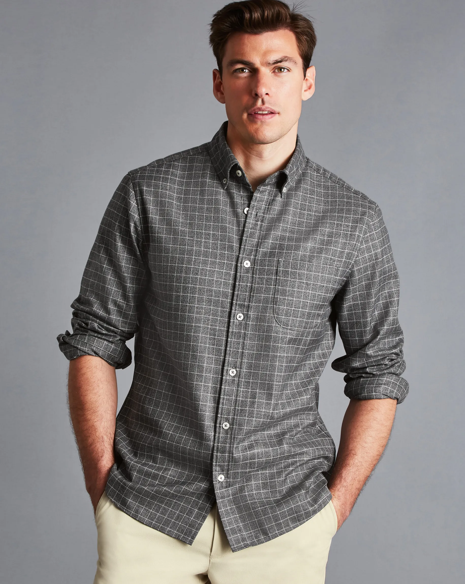 Shirt Sale|Casual Shirts<Charles Tyrwhitt Button-Down Collar Non-Iron Twill Windowpane Check Shirt - Charcoal Grey
