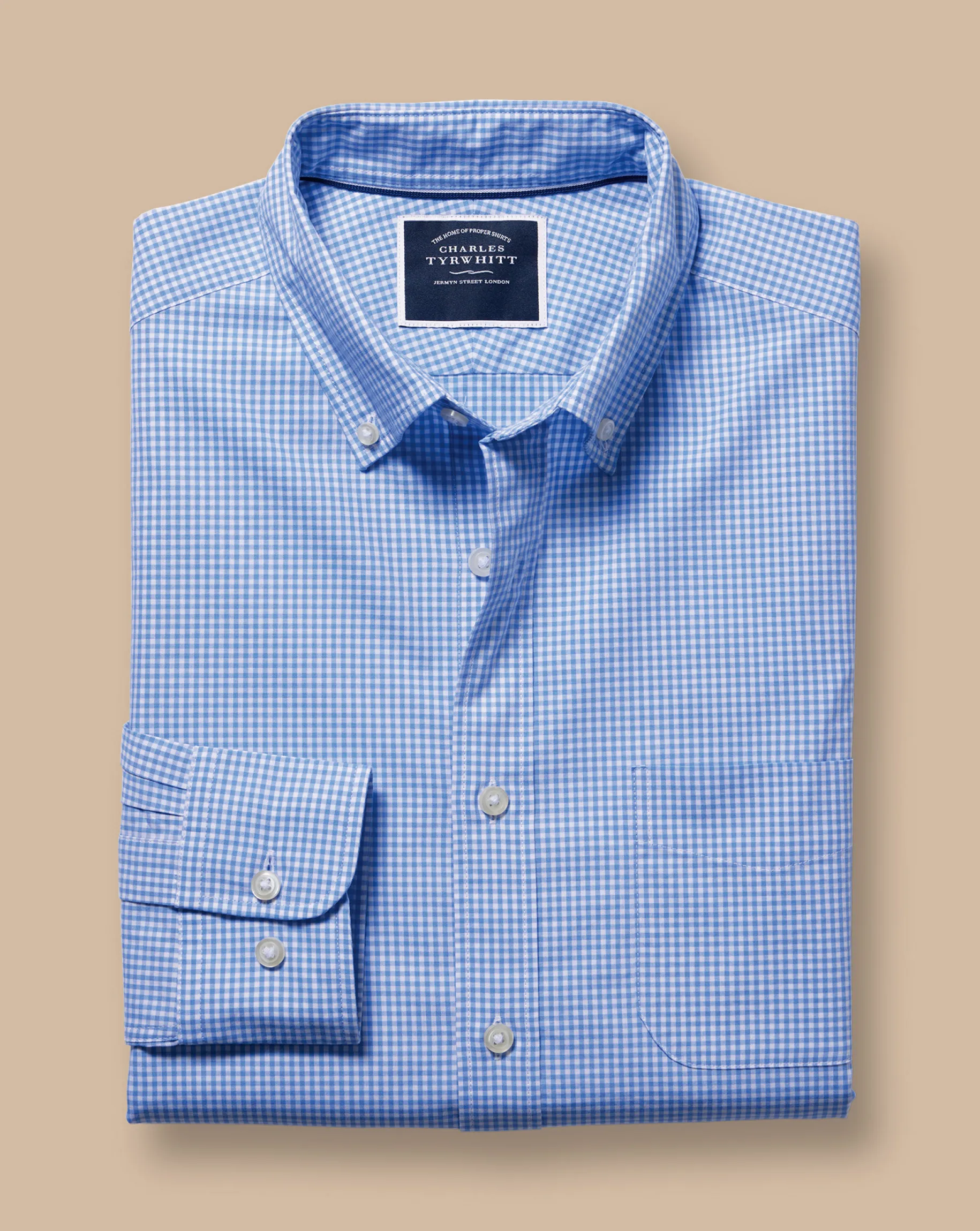 Business Casual Shirts|Casual Shirts<Charles Tyrwhitt Button-Down Collar Non-Iron Stretch Poplin Mini Gingham Check Shirt - Ocean Blue