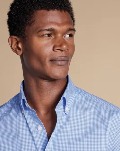 Business Casual Shirts|Casual Shirts<Charles Tyrwhitt Button-Down Collar Non-Iron Stretch Poplin Mini Gingham Check Shirt - Ocean Blue