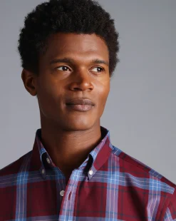Casual Shirts|S<Charles Tyrwhitt Button-Down Collar Non-Iron Stretch Poplin Large Check Shirt - Red