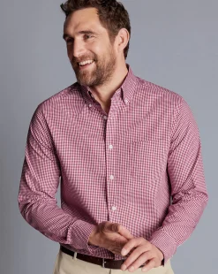 Casual Shirts|S<Charles Tyrwhitt Button-Down Collar Non-Iron Stretch Poplin Mini Gingham Shirt - Pink Raspberry