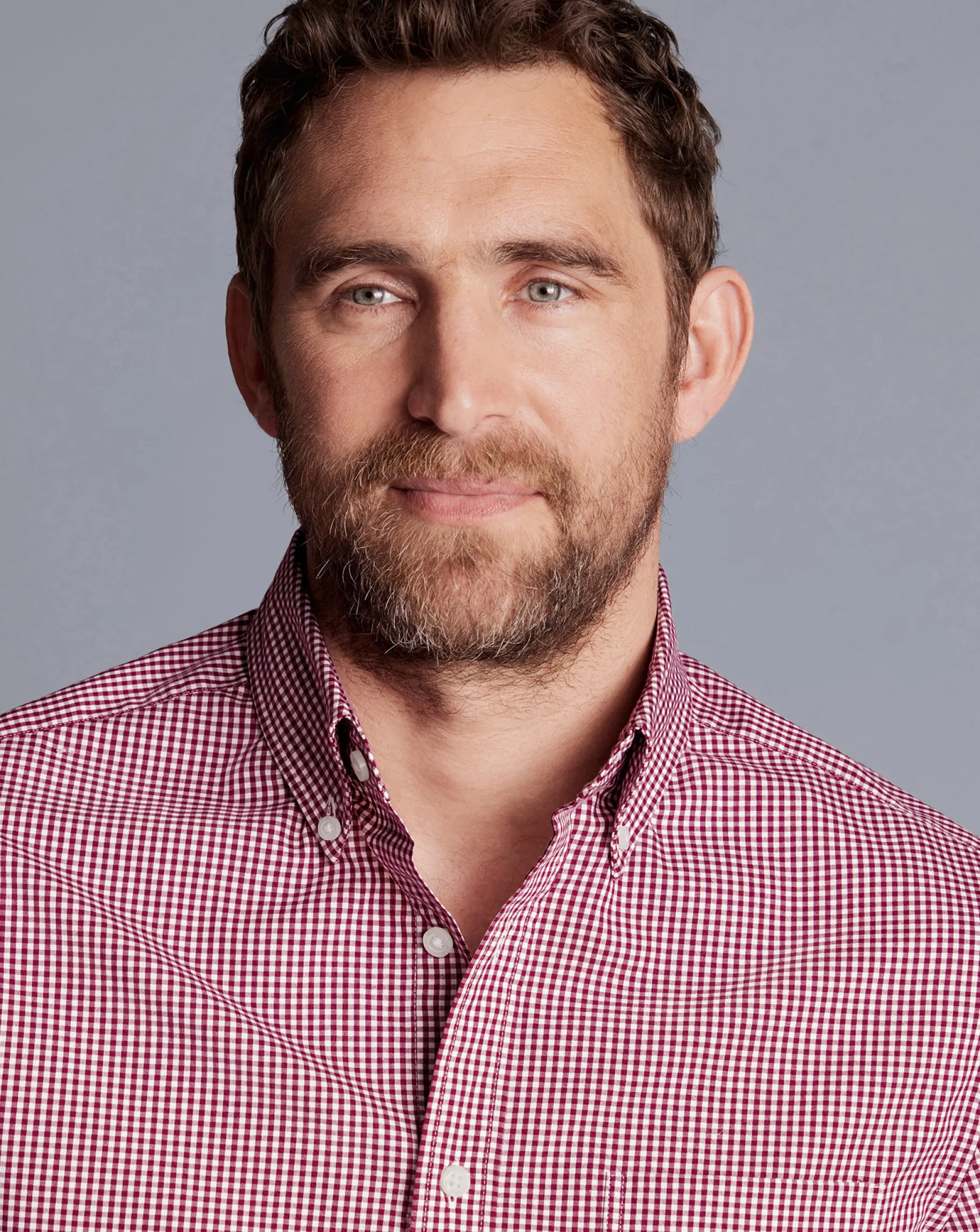 Casual Shirts|S<Charles Tyrwhitt Button-Down Collar Non-Iron Stretch Poplin Mini Gingham Shirt - Pink Raspberry