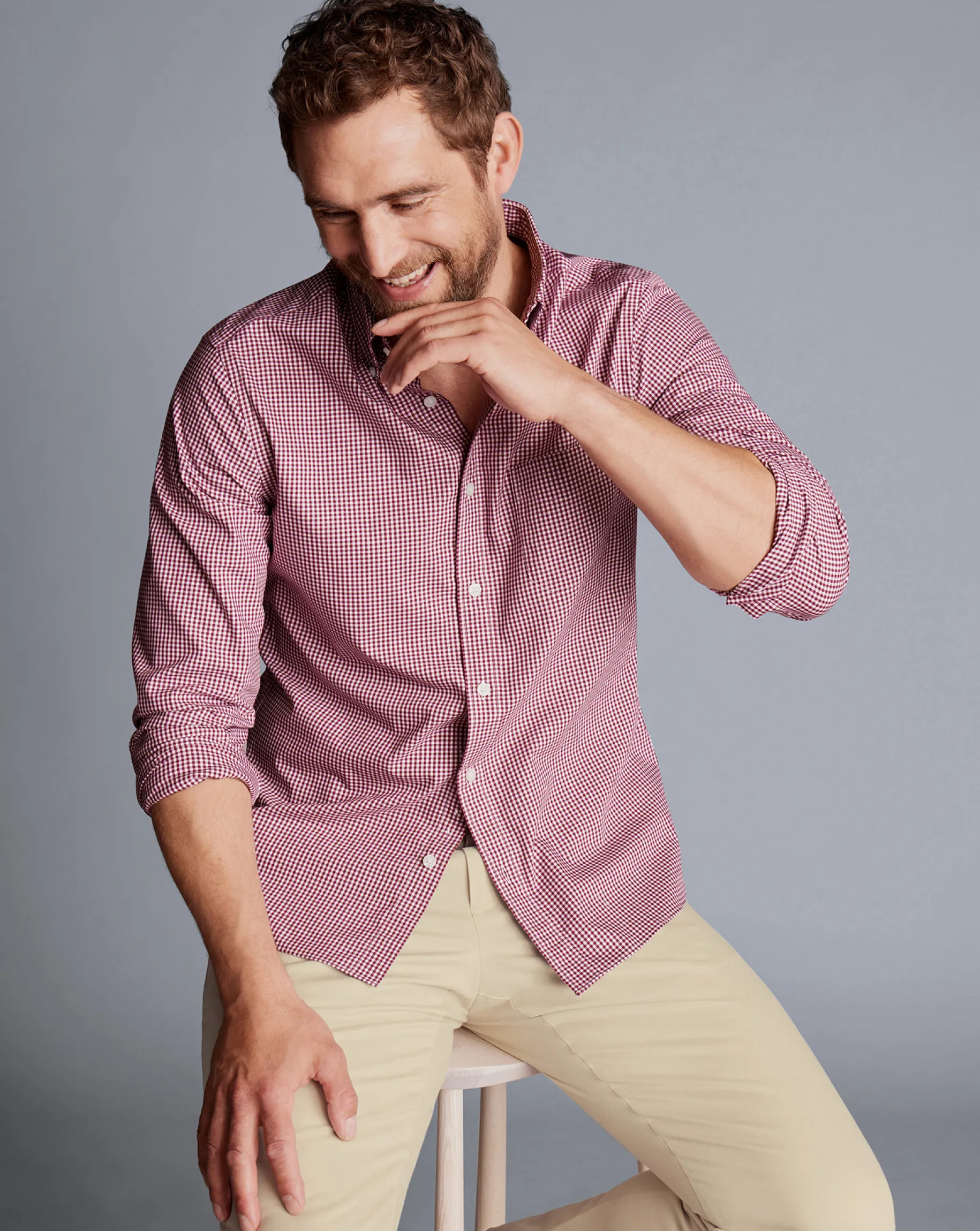 Casual Shirts|S<Charles Tyrwhitt Button-Down Collar Non-Iron Stretch Poplin Mini Gingham Shirt - Pink Raspberry