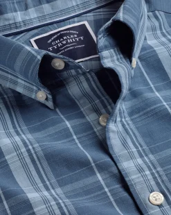 Casual Shirts|S<Charles Tyrwhitt Button-Down Collar Non-Iron Stretch Poplin Slub Check Shirt - Steel Blue