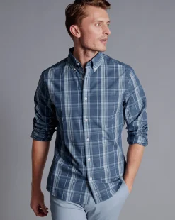 Casual Shirts|S<Charles Tyrwhitt Button-Down Collar Non-Iron Stretch Poplin Slub Check Shirt - Steel Blue