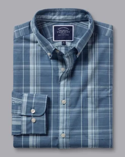 Casual Shirts|S<Charles Tyrwhitt Button-Down Collar Non-Iron Stretch Poplin Slub Check Shirt - Steel Blue