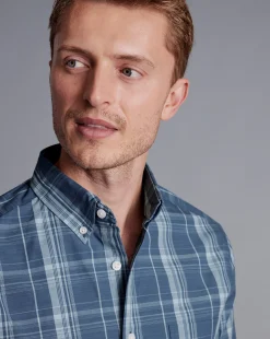 Casual Shirts|S<Charles Tyrwhitt Button-Down Collar Non-Iron Stretch Poplin Slub Check Shirt - Steel Blue