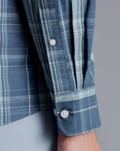 Casual Shirts|S<Charles Tyrwhitt Button-Down Collar Non-Iron Stretch Poplin Slub Check Shirt - Steel Blue
